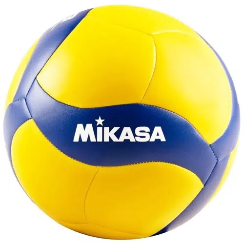 El balón de voleibol MIKASA V360W-SL presenta un llamativo diseño con paneles en amarillo y azul, con el nombre de la marca "Mikasa" en letras blancas en su superficie. El acabado suave y brillante de la pelota sugiere que es nueva y perfecta tanto para voleibol de playa como de interior. Este balón de voleibol MIKASA es ideal para jugadores de todos los niveles.