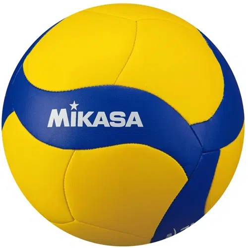 El Balón de Voleibol MIKASA V360W, con un distintivo diseño de panel amarillo y azul, muestra de forma destacada la marca "Mikasa" en blanco en uno de sus paneles azules.