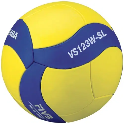 El Balón de Voleibol MIKASA VS123W-SL, en color amarillo y azul, muestra elegantemente "Proveedor Oficial FIVB" en su superficie.