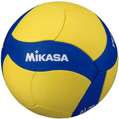 Un balón de voleibol amarillo con paneles curvos azules, blasonado con la marca "Mikasa" en texto blanco en uno de los paneles azules, conocido como Balón Voleibol MIKASA VS123W-SL.