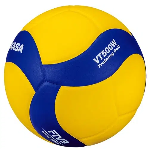 El Balón Voleibol MIKASA VT500W es un balón de voleibol de color amarillo y azul con el texto "VT500W Training Ball" y "FIVB Official Supplier", diseñado por MIKASA.