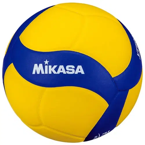 Un Balón de Voleibol MIKASA VT500W que presenta un patrón de color amarillo y azul brillante.