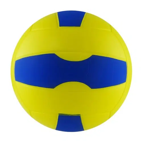 Un Balón de Esponja Voleibol MIKASA de 7" amarillo con detalles en paneles azules, dispuestos simétricamente para crear un diseño visualmente impactante contra el fondo amarillo vivo.