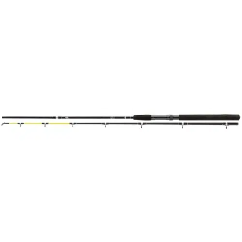 La Caña Abu García Seven Trolling 2,10m es una caña de pescar negra que presenta punteras de sección amarilla y negra, mango de espuma y múltiples guías de línea a lo largo de su longitud. Está dividida en tres secciones desmontables para facilitar su transporte. Con su diseño elegante y simple, esta caña es adecuada para varios tipos de pesca.