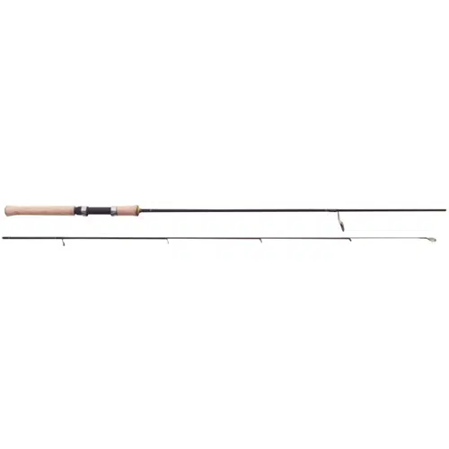 Contemple la Caña Exquisite Pro: una elegante caña de pescar de dos piezas. Esta elegante caña es negra con detalles plateados y cuenta con un cómodo mango de corcho combinado con un portacarrete negro. La sección superior, que incluye las guías y la punta, se puede separar del mango y la parte inferior para transportarla cómodamente.