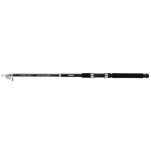 Imagen de la Caña Mitchell Adventure II 272 Spin, una caña de pescar telescópica negra con varios segmentos extendidos. La caña cuenta con un mango de espuma y guías de metal para la línea de pesca, con el nombre de la marca y el diseño en un lugar destacado a lo largo del eje.