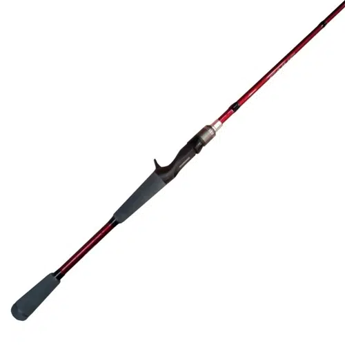 Se muestra una caña de pescar de color rojo y gris con un portacarrete de baitcasting. El mango y la empuñadura delantera son de color gris, lo que proporciona un agarre cómodo para el usuario. La caña Shimano Caius Casting 2,10m es aerodinámica y resistente, diseñada para la precisión y el control en la pesca.