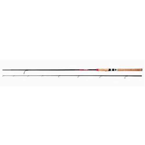 La caña Shimano Sienna Pacifico es una caña de pescar de dos piezas que cuenta con un mango de corcho y un elegante eje negro. Cuando se desmonta, se separa en dos partes, mostrando las anillas a lo largo de su longitud. La sección superior es más delgada, mientras que la sección inferior es ligeramente más gruesa. El extremo del mango incluye un anillo de metal con detalles en rojo.