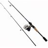 El Combo Okuma Cascade II cuenta con una caña de pescar de dos piezas con un elegante mango negro y un carrete metálico. Su diseño alargado y esbelto es ideal para lanzar, y el carrete parcialmente expuesto sugiere una configuración de spinning que garantiza un rendimiento suave en el agua.