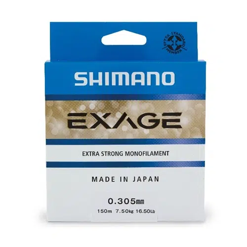 Un paquete de hilo de pescar Monofilamento Shimano Exage de 150 m en azul y blanco tiene la etiqueta "Monofilamento extrafuerte". Presenta las especificaciones "0,305 mm, 7,50 kg, 16,50 lb" y orgullosamente indica "Hecho en Japón", lo que proporciona una generosa longitud de 150 metros para satisfacer las necesidades de pesca versátiles.