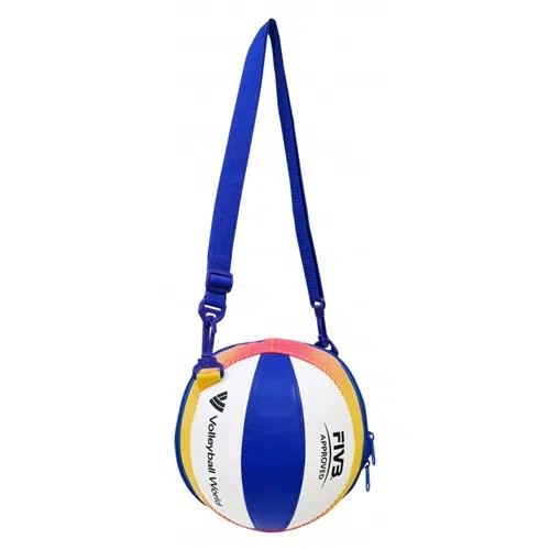El Bolso Portabalón Vóleibol Playa MIKASA Individual BV1B es un bolso de diseño distintivo que imita la apariencia de un balón de voleibol, con paneles de color azul brillante, amarillo, blanco y naranja. Incluye una correa de hombro ajustable de color azul y presenta de manera destacada las palabras "Volleyball World", "FIVB" y el estilo distintivo del Vóleibol Playa MIKASA BV1B.