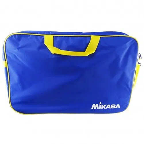 Bolso Portabalones Mikasa en color azul, diseñado para llevar tu Vóleibol MIKASA V200W, con asas y ribetes en amarillo en contraste. El bolso muestra la marca "Mikasa" en blanco en la esquina inferior derecha.