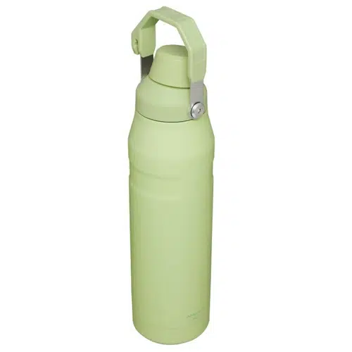 La Botella Térmica Stanley Fast Flow 1L presenta un diseño elegante y cilíndrico con acabado mate, y es ideal para mantener la temperatura de tus bebidas. Viene equipada con una tapa y un asa de seguridad en un color verde claro que realza su funcionalidad como botella de agua aislada.
