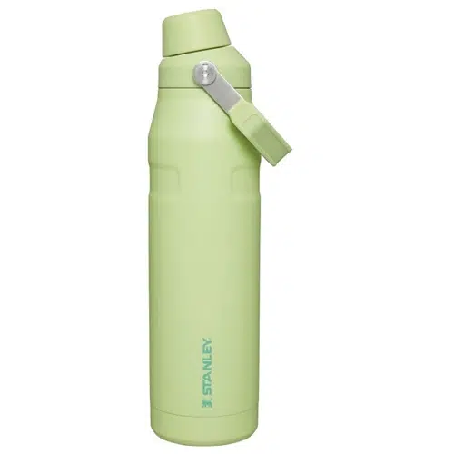 La elegante botella de agua Stanley Botella Térmica Stanley Fast Flow de 1 l, de color verde claro, tiene un asa de transporte y una tapa con boquilla. El logotipo de Stanley impreso verticalmente en azul se encuentra cerca de la parte inferior de la botella.