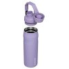 Una botella de agua con aislamiento violeta, similar a la Botella Térmica Stanley Fast Flow 1L, presenta una superficie texturizada. La tapa superior incluye un asa de transporte y un pico abatible, con el nombre de la marca impreso con estilo verticalmente cerca de la base.