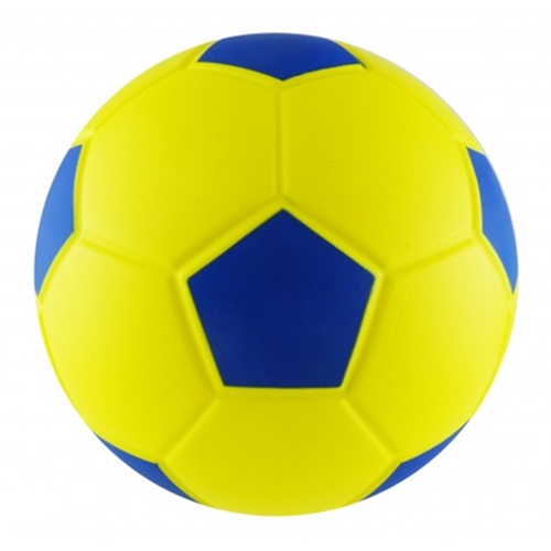 El Balón de Esponja de Fútbol Uk Time Sport de 8″ presenta un patrón de paneles pentagonales alternados de amarillo y azul, lo que da como resultado un diseño vibrante y llamativo contra su fondo blanco liso.