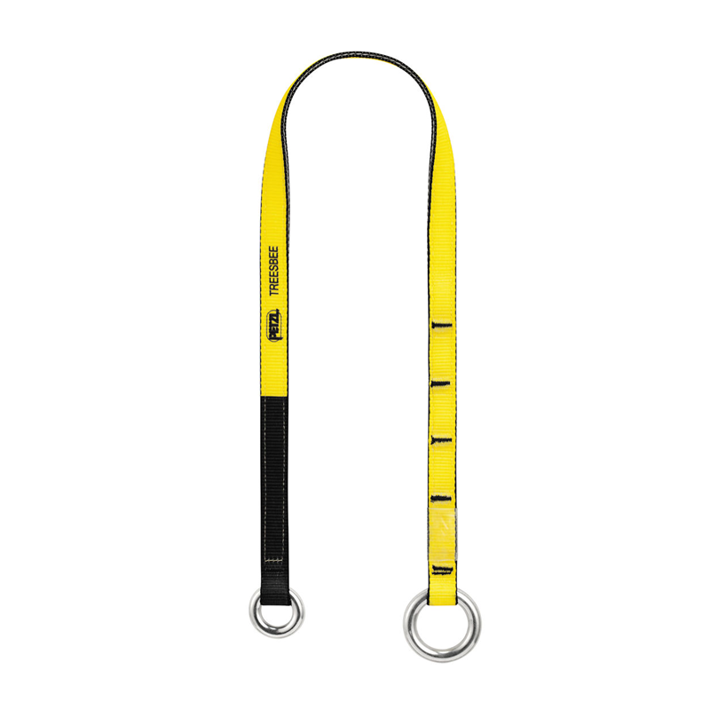Una versátil correa de anclaje Petzl Treesbee, con colores amarillo y negro, múltiples presillas y dos anillos de metal. La marca "Petzl" junto con el nombre del modelo "Treesbee" están impresos en la parte amarilla de esta correa ajustable, que se usa generalmente para actividades de escalada o montaje.
