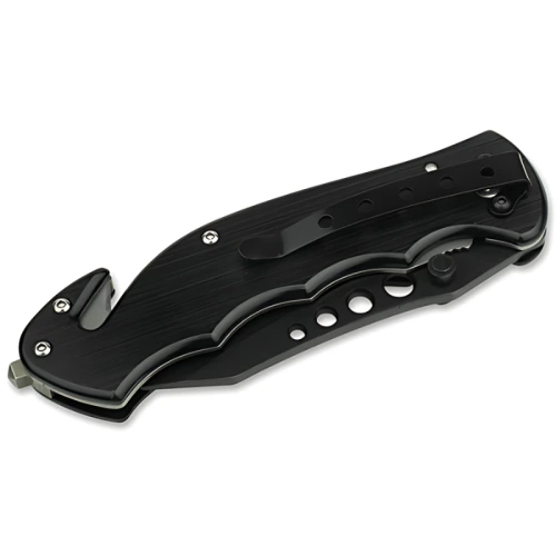 El Navaja Boker Magnum Us Navy Seals 01MB856 es un cuchillo táctico plegable negro conocido por su elegante diseño, con un clip de bolsillo y recortes circulares en el mango para un mejor agarre y atractivo estético.