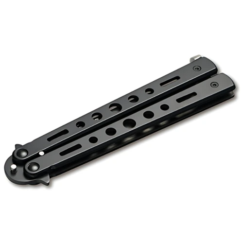 Primer plano de la Navaja Magnum Balisong All Black 06EX402, que muestra su forma cerrada con asas perforadas negras sobre una superficie blanca. Este elegante diseño se caracteriza por cortes circulares y ovalados a lo largo de las exclusivas asas.