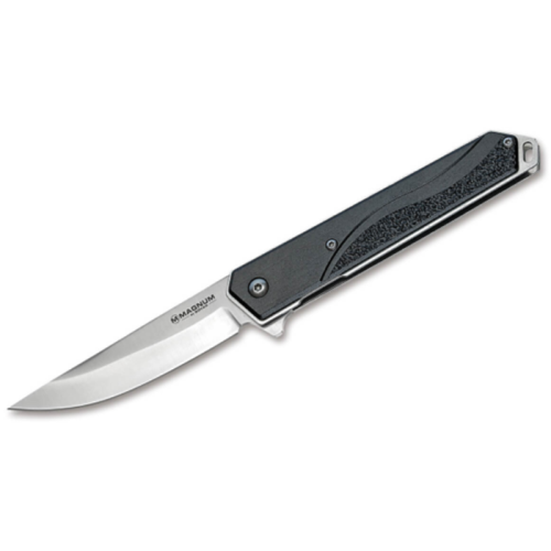 Presentamos la navaja plegable japonesa Iris 01RY322 de Navaja Boker Magnum, que cuenta con una elegante hoja plateada metálica y un mango negro con un diseño inclinado y texturizado para un mejor agarre. El mango también incluye una pequeña hendidura cerca de la base para mayor comodidad. La hoja afilada y puntiaguda está firmemente sujeta al mango mediante un mecanismo de pivote.