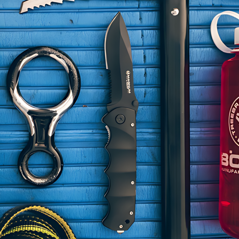 En una pared azul se encuentra una navaja plegable negra, la Navaja Boker Magnum Black Spear 01RY247, con filo dentado. A la izquierda hay un dispositivo de escalada de metal en forma de ocho y a la derecha una botella de agua roja. En la parte inferior se ve parcialmente un rollo de cuerda.