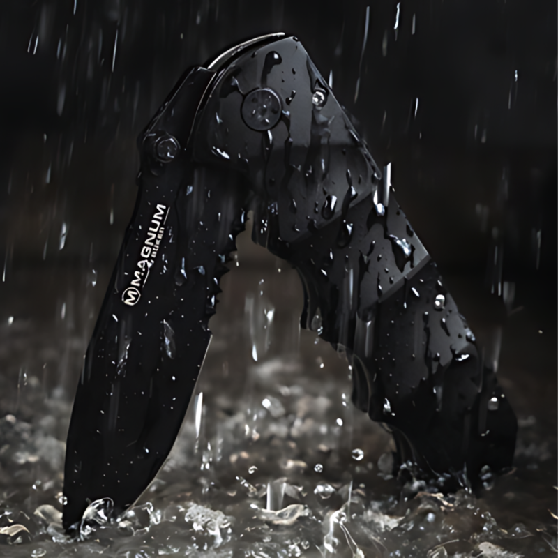 Una navaja plegable negra, la Navaja Boker Magnum Black Spear 01RY247, se yergue en aguas poco profundas, rodeada de gotas de lluvia. La hoja mojada muestra de forma destacada el nombre de la marca "Magnum", mientras que un fondo difuminado enfatiza su elegante diseño.