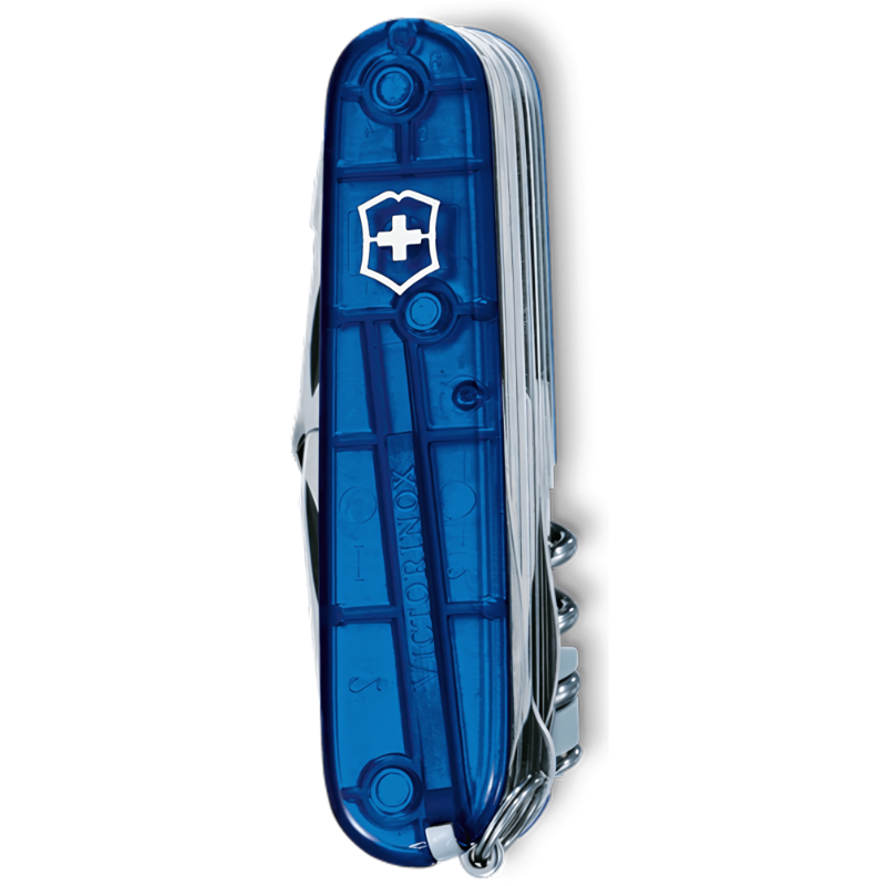 La Cortapluma Victorinox Swiss Champ 1.6795.T2, adornada en azul, es una navaja suiza que presenta una variedad de herramientas cuidadosamente plegadas en su interior y lleva el distintivo logotipo de la cruz blanca en su mango.