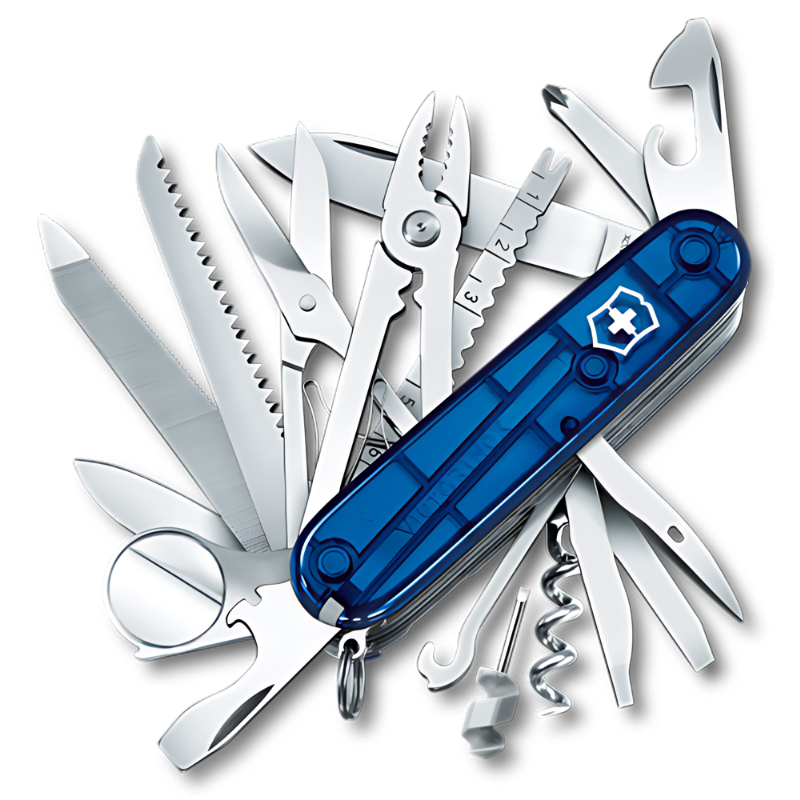 Una Cortapluma Victorinox Swiss Champ 1.6795.T2 con una carcasa azul transparente y un emblema de cruz suiza, que presenta una variedad de herramientas extendidas que incluyen una hoja, alicates, sierra, tijeras, lupa, destornillador, abridor de botellas, abrelatas, sacacorchos y otros implementos multifuncionales.