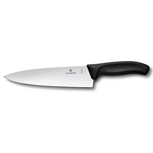 El cuchillo de chef Victorinox Swiss Classic, modelo 6.8063.20G, es un cuchillo de acero inoxidable de 20 cm con mango ergonómico negro. La hoja elegante y afilada muestra de forma destacada el nombre de la marca "Victorinox" y su logotipo icónico cerca del mango, lo que ofrece un diseño limpio y moderno.