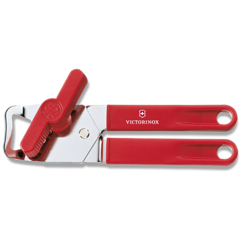 El abrelatas universal Victorinox 7.6857 cuenta con mangos rojos y un mecanismo de corte de metal. Además, cuenta con un abridor de botellas en forma de corona para una funcionalidad versátil. Los mangos rojos vienen con dos orificios circulares, lo que facilita colgarlo o guardarlo.