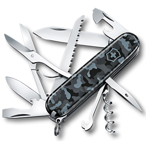 La Cortapluma Victorinox Huntsman 1.3713.942 es una navaja suiza multifunción con mango con estampado de camuflaje negro y gris. Incluye herramientas esenciales como un cuchillo, tijeras, sierra, sacacorchos, abrebotellas y más. Además, cuenta con un pequeño llavero para mayor comodidad.