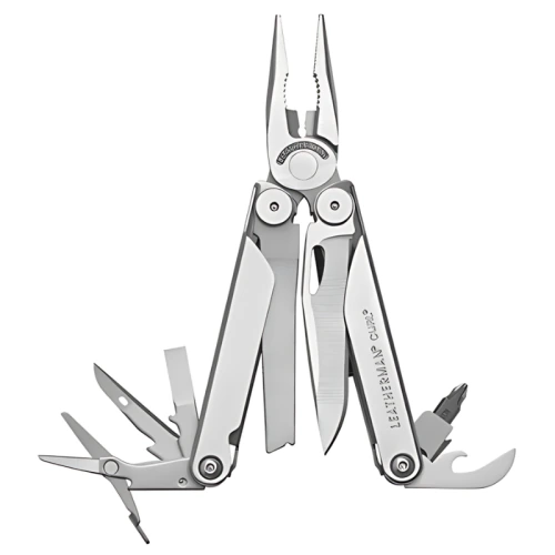 La Multiherramienta Leatherman Curl 832932 es una multiherramienta de acero inoxidable que incluye varias herramientas desplegadas, entre ellas alicates, cortadores de alambre, un cuchillo, una sierra, tijeras, destornilladores y un abridor de botellas.