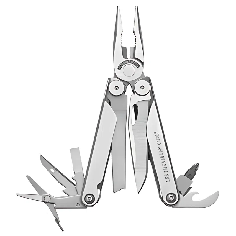 La Multiherramienta Leatherman Curl 832932 es una multiherramienta de acero inoxidable que incluye varias herramientas desplegadas, entre ellas alicates, cortadores de alambre, un cuchillo, una sierra, tijeras, destornilladores y un abridor de botellas.