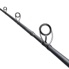 Primer plano de una caña de pescar Shimano Salty Advance Sea Bass S90ML 2,74m negra, inclinada hacia arriba, mostrando varias anillas circulares. La caña está colocada sobre un fondo blanco, lo que enfatiza el diseño elegante y las características detalladas de las anillas de la caña de pescar.