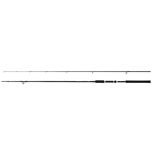 La imagen muestra la caña de pescar Shimano Salty Advance Sea Bass S90ML de 2,74 m, que cuenta con dos segmentos: una sección superior más delgada y una sección inferior más gruesa. Esta caña negra está equipada con múltiples anillas a lo largo de su longitud y tiene un agarre de espuma en la parte inferior. Los segmentos están separados para su transporte o almacenamiento.