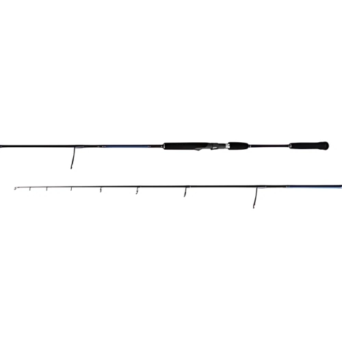 Caña de pescar Caña Shimano Talavera Type J negra con detalles en azul, con múltiples guías de línea a lo largo de su longitud. El mango es negro con empuñaduras ergonómicas. La caña se muestra en dos secciones: una que muestra la longitud completa de la caña Caña Shimano Talavera Type J y la otra que ofrece una vista más cercana de las guías y el mango.