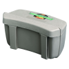 Un contenedor de plástico rectangular de color gris con una superficie texturizada y una pegatina de colores en la parte superior. La pegatina muestra un diseño divertido que dice "Incredi Box" sobre un fondo de estilo de dibujos animados, similar al estilo de la Caja Carnada Flambeau Belt Mate 6610.