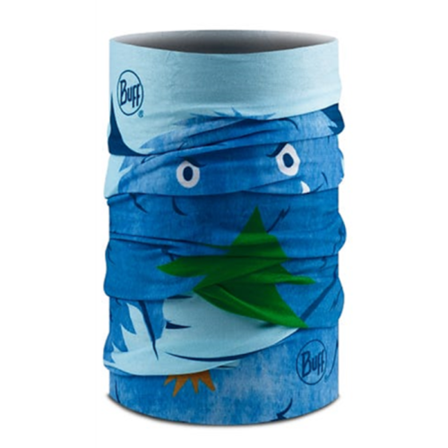 La Bandana Buff Original EcoStretch Niños Snow Monster es una polaina para el cuello azul multifuncional adornada con un diseño extravagante de un monstruo de nieve con ojos blancos y un árbol de Navidad verde. La palabra "Buff" está impresa en pequeños círculos a lo largo de los bordes superior e inferior. La cara del yeti envuelve la tela, lo que le suma un aspecto divertido.