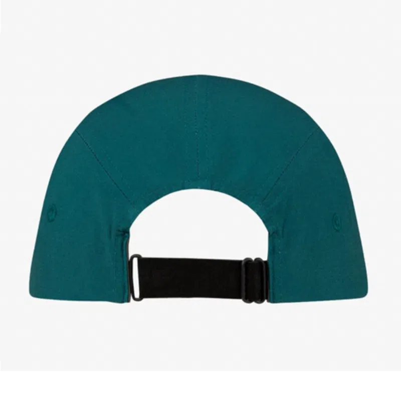 Vista trasera del Jockey Buff 5 Panel Go en color teal, mostrando el cierre ajustable y diseño deportivo.