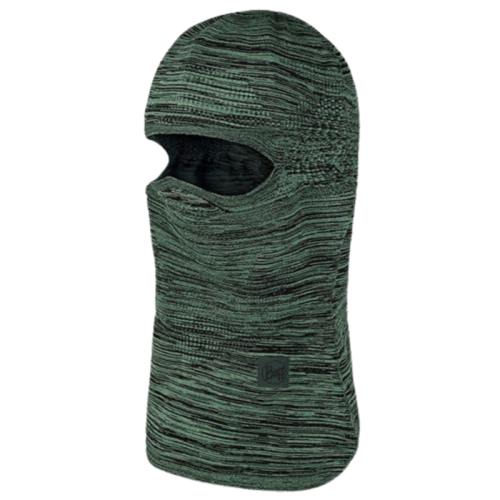 La mascarilla de punto Pasamontañas Buff DryFlx Pro Solid Jade en color verde jaspeado y negro presenta una única abertura para los ojos y una pequeña solapa que cubre el área de la nariz y la boca, con un aspecto suave y adecuado para la protección contra el clima frío.