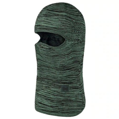 La mascarilla de punto Pasamontañas Buff DryFlx Pro Solid Jade en color verde jaspeado y negro presenta una única abertura para los ojos y una pequeña solapa que cubre el área de la nariz y la boca, con un aspecto suave y adecuado para la protección contra el clima frío.