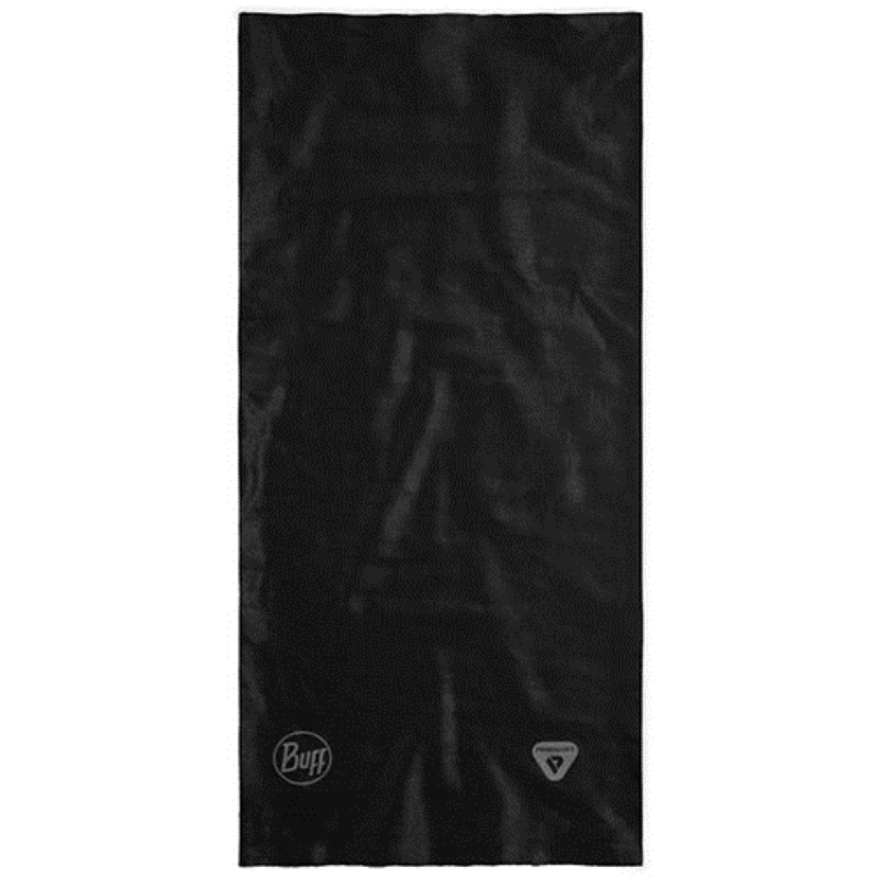 El calentador de cuello Bandana Buff ThermoNet Solid Black, en negro liso con una textura sutil, presenta el logotipo de Buff en la esquina inferior izquierda y un pequeño símbolo en la esquina inferior derecha. Esta versátil prenda se puede transformar sin esfuerzo en un elegante pañuelo.