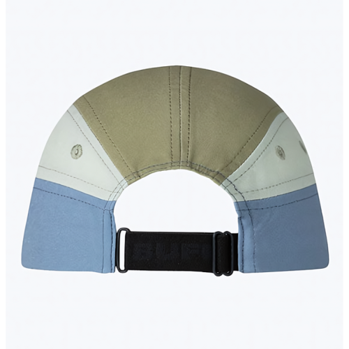Vista posterior del Jockey Buff 5 Panel Go Domus color steel, mostrando el cierre ajustable y el diseño multicolor de la gorra