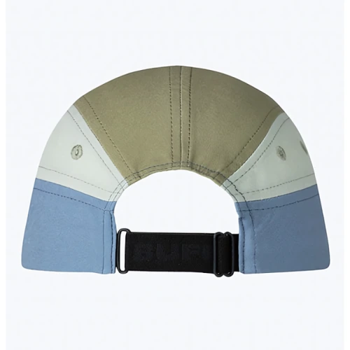 Vista posterior del Jockey Buff 5 Panel Go Domus color steel, mostrando el cierre ajustable y el diseño multicolor de la gorra