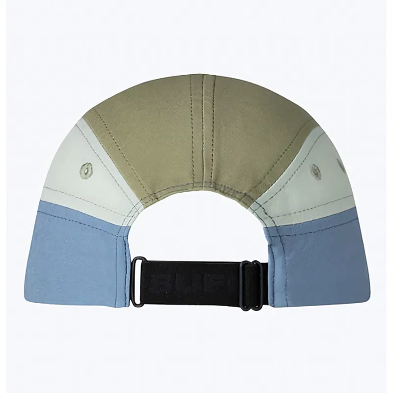 Vista posterior del Jockey Buff 5 Panel Go Domus color steel, mostrando el cierre ajustable y el diseño multicolor de la gorra