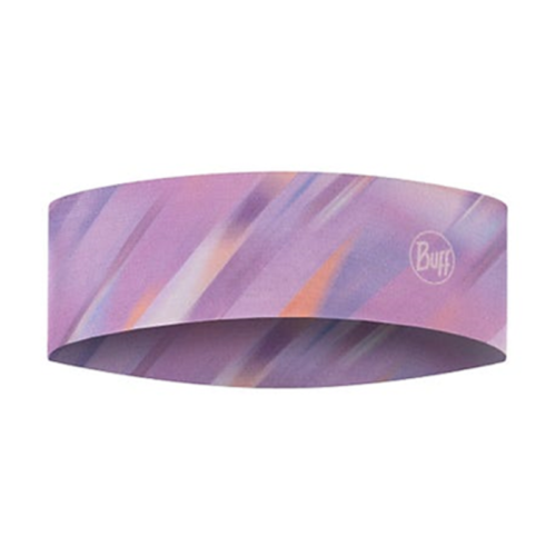 La diadema Cinta Buff CoolNet UV Slim Shane Orchid presenta un diseño multicolor en tonos vibrantes de rosa, violeta, naranja y azul. Presenta una estructura suave y sin costuras con el logotipo "Buff" colocado sutilmente cerca de un borde. El patrón presenta rayas diagonales que se mezclan entre sí para lograr un efecto dinámico y llamativo.