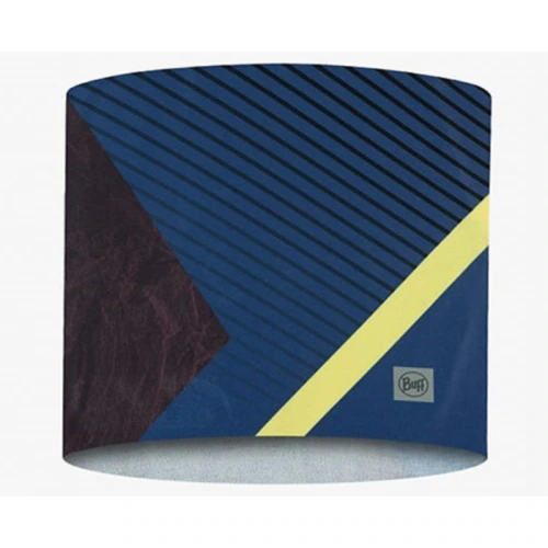La polaina para el cuello Cinta Buff Akim Cobalt es multifuncional y presenta un diseño geométrico moderno en líneas diagonales de color azul, marrón oscuro, amarillo y negro. Con el logotipo de Buff visible cerca del borde inferior, es perfecta para usarla debajo del casco y muestra el estilo elegante de la colección Cinta Akim Cobalt.