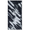 Bandana Buff ThermoNet Hetch Multi es una polaina para el cuello con estampado en blanco y negro que presenta rayas diagonales y el texto "LIVE MORE NOW" impreso en múltiples direcciones en la tela, lo que la convierte en una opción ideal para quienes buscan calidez y estilo en un accesorio versátil.