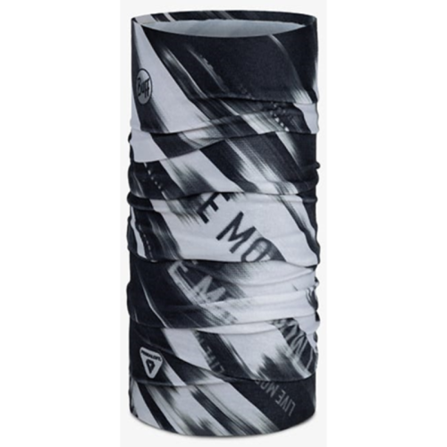La bandana Buff ThermoNet Hetch Multi presenta patrones y textos abstractos en blanco y negro difuminados. Su diseño cilíndrico sin costuras permite usarla en varios estilos, como una banda para la cabeza, una polaina para el cuello o una mascarilla, lo que brinda protección y comodidad versátiles.