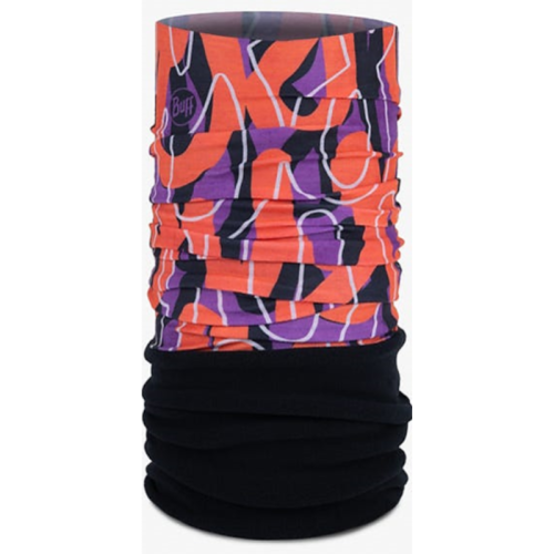 Bandana Buff Polar Niños Mullen Multi es una polaina multifuncional para el cuello que presenta un diseño abstracto vibrante en naranja, morado y negro. La parte inferior está confeccionada con tela negra lisa. El logotipo de Buff se muestra de forma destacada en el lado superior izquierdo, lo que hace que esta Bandana Buff sea ideal para agregar estilo y calidez a tu atuendo.